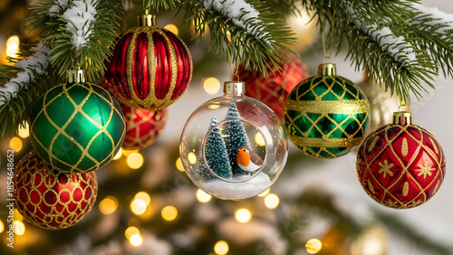 Christmas Ornaments on Snowy Evergreen Branch with Bokeh Lights