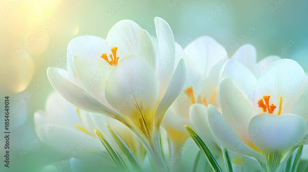 Fototapeta premium Close-up of white crocus flowers with orange stamens, soft light background.