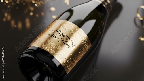 Happy New Year champagne bottle with golden label and bokeh lights