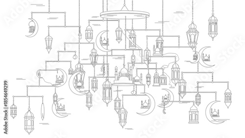 Complex minimalist chandelier design featuring Ramadan lanterns and crescent moons arrangement