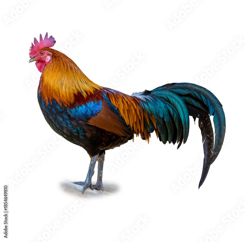 Jungle Fowl displaying vivid orange blue and green plumage with a proud stance isolated on a clean white background