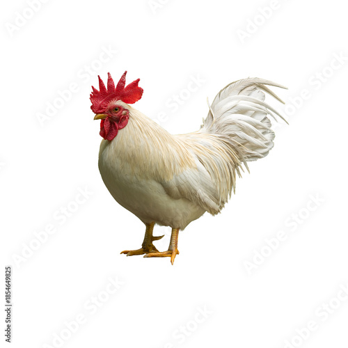 White Rooster standing proudly with bright red comb and flowing tail feathers isolated on a clean white background