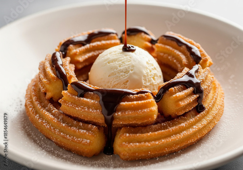 Golden Churros with Creamy Vanilla Ice Cream and Rich Chocolate Drizzle, a Sweet Dessert Indulgence