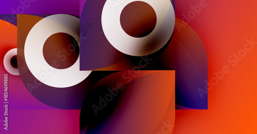 Abstract composition featuring overlapping circles, squares, vibrant colors. Gradient transitions create dynamic visual effect. Modern design.