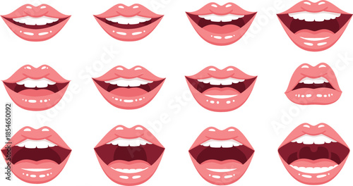 Set of pink female lips showing various mouth expressions including smiling laughing open shouting and talking for makeup beauty and dental health care concept