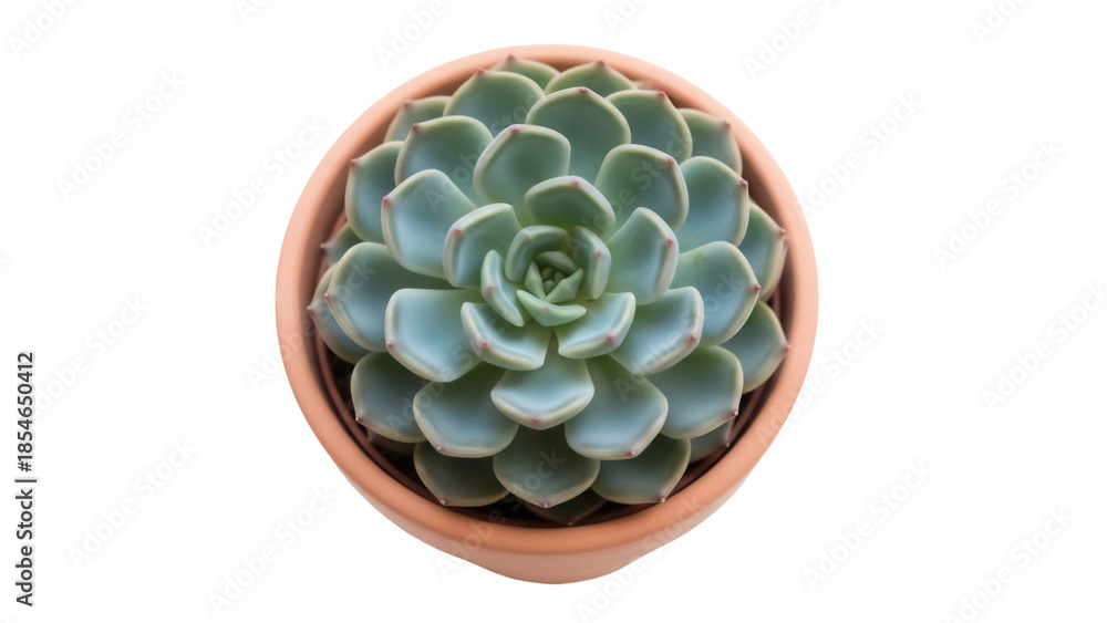 Obraz premium Echeveria succulent in terracotta pot isolated PNG, rosette-shaped plant with fleshy leaves for indoor gardening and decoration
