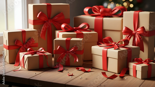 Christmas gifts with red bows on wood table, festive celebration backdrop.