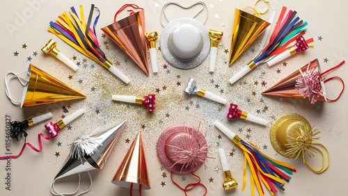 Overhead view of colorful party supplies, hats, blowers, and glitter
