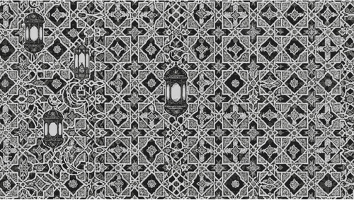 Detailed monochrome drawing featuring ornate lanterns and intricate geometric patterns that evoke