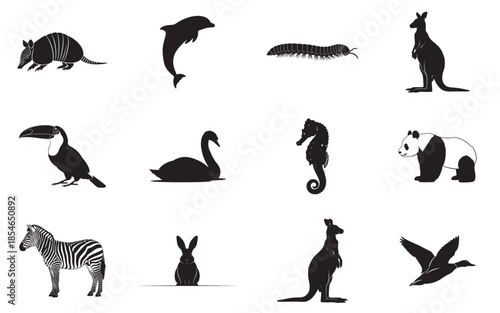 Silhouette of various animals isolated on transparent background