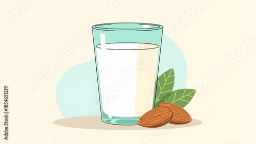 Flat vector illustration of almond milk in a glass next to almonds and green leaves 