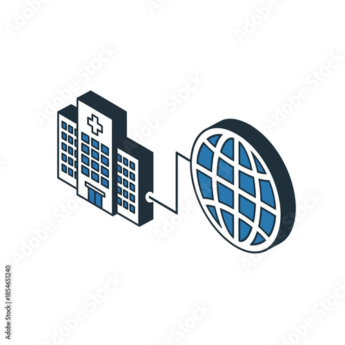 Isometric illustration depicting a hospital building linked to a global network, symbolizing digital health and international medical services.