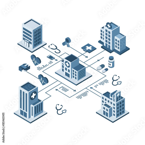 Isometric illustration of a healthcare network connecting multiple hospital buildings with medical icons and data flow, representing modern medical technology and interconnected services.