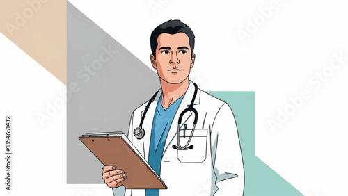 Flat vector illustration of a male doctor in a medical gown with a stethoscope, holding a tablet in his hands
