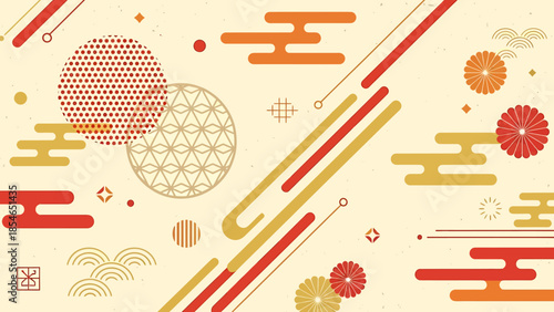 Abstract retro geometric background featuring mid-century lines and circular motifs in warm orange, red, and beige tones.