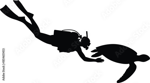 Scuba diver interacting with sea turtle