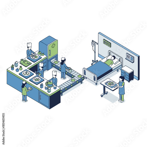 Isometric illustration of hospital food service, showing chefs preparing meals on a conveyor belt system and a nurse delivering food to a patient in a hospital bed.