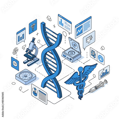 Isometric illustration of DNA helix surrounded by medical and scientific research icons.