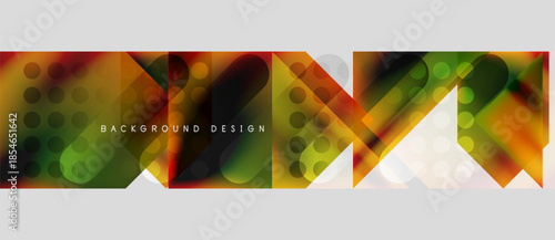 Abstract geometric shapes, vibrant colors blend. Modern design with overlapping layers, gradients create dynamic visual effect.