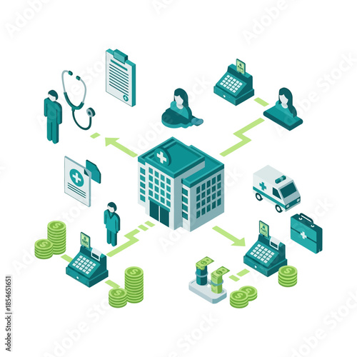 Isometric illustration of a comprehensive healthcare system with hospital, doctors, patients, ambulance, and financial transactions, depicting medical billing and service flow.