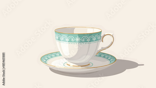 Flat vector illustration of an elegant porcelain tea cup and saucer in pastel colors on a neutral background