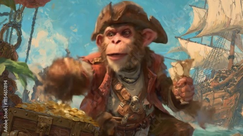A plucky pirate monkey on a sunlit ship, chest of gold gleaming amid billowing sails, fearless, bold