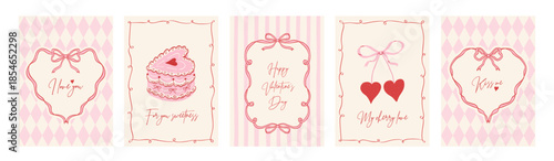 Set of girly coquette greeting cards for Valentine's Day. Hand drawn frames in whimsical lines by shape hearts, with bows and ribbons, cake in shape heart, sweet cherry. Poster, wedding invitation.