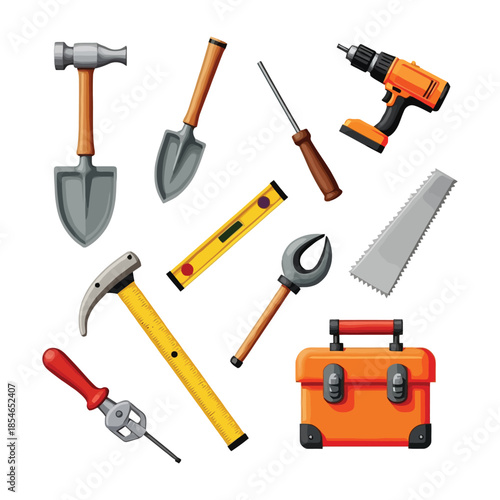 Construction And Repair Tools Vector Set Including Hammer Drill Saw Screwdriver And Toolbox