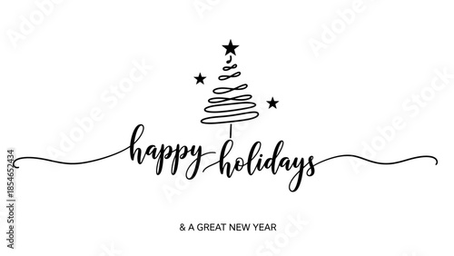 Happy Holidays greeting card design featuring snowflakes and pine trees inside a teal circular ornament