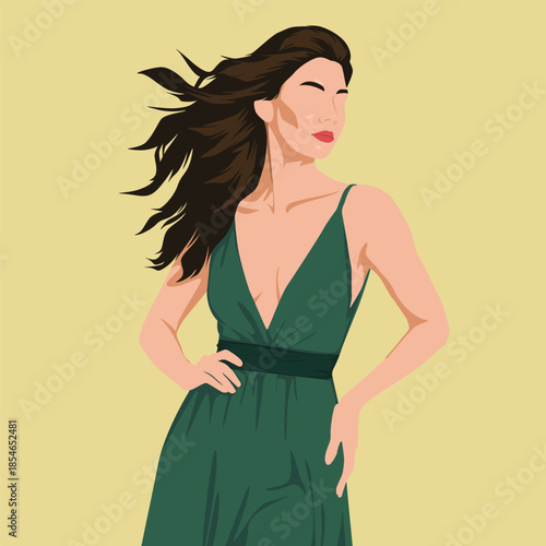 Flat Illustration Elegant Woman in Green Dress Fashion Portrait
