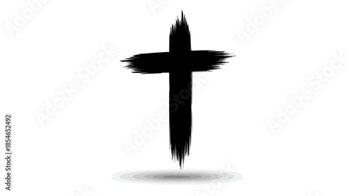 Black brushstroke cross on white background with soft shadow, minimalist Christian symbol for faith, spirituality, and religious design