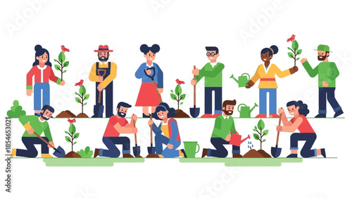 Group of Diverse People Planting Trees in Community Garden