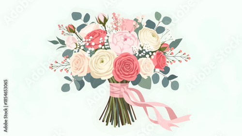 Flat vector illustration of wedding floral bouquet with pink and white roses, greenery and ribbon