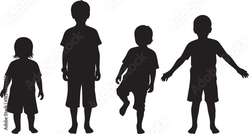 Black child silhouette group in active standing poses isolated on white background