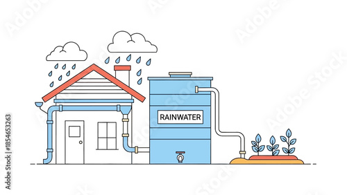 Illustration of Rainwater Harvesting System with House and Storage Tank
