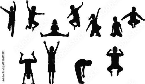 Children silhouette, kids activity, playful poses, jumping, handstand, stretching, sitting, black figures, white background, vector art, stock illustration, childhood energy, dynamic movement,