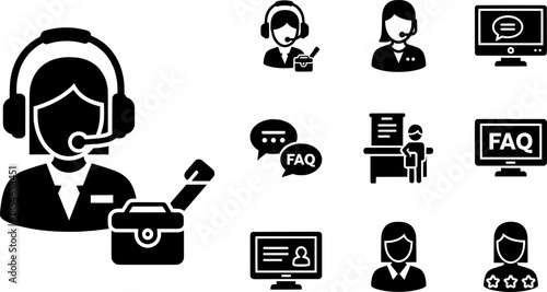 Collection of black and white icons representing customer service, online support, and business operations.