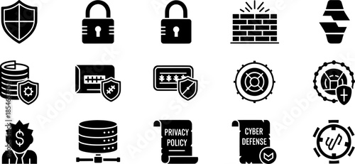 A collection of black and white glyph icons representing cybersecurity, data protection, privacy, and digital security concepts.