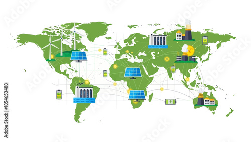 Global Renewable Energy Network with Solar and Wind Power Icons