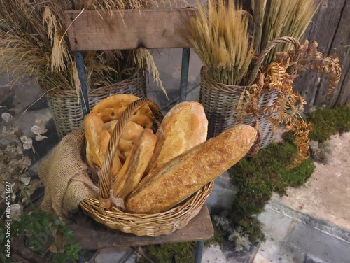Farm bread and bakery. Food and organic products. Rustic composition. Design background.