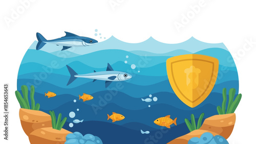 Underwater scene with fish and shield illustration in vector style