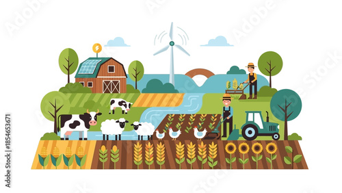 Sustainable Farm Landscape with Wind Turbine and Farm Animals