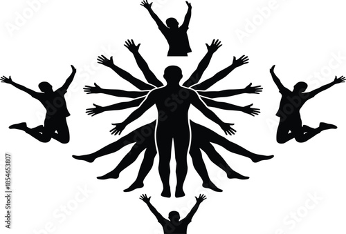 Human silhouettes, dynamic jumping poses, Vitruvian inspired figure, symmetry design, celebration posture, vitality illustration, unity concept, fitness, art, vector graphic