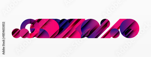 Abstract typography displays vibrant pink, purple hues. Modern design features overlapping shapes, creating dynamic visual effect.