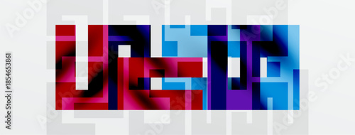 Abstract geometric design. Vivid colors blend, creating pixelated rectangular forms. White background emphasizes vibrant hues.