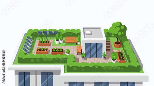 Modern rooftop garden with solar panels and seating area