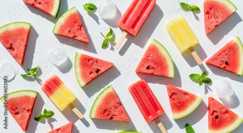 Colorful watermelon slices and popsicles on white background  