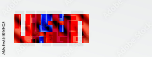 Abstract mosaic pattern. Red, blue hues dominate composition. Geometric shapes create textured visual effect. Minimalist design.