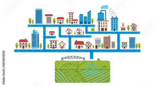 Smart city infrastructure concept with digital network and urban landscape