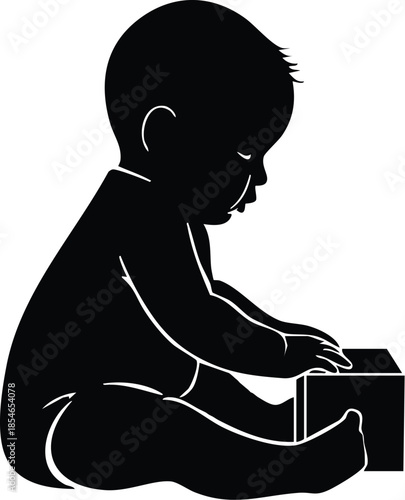 Black baby silhouette sitting and playing with a toy block on white background